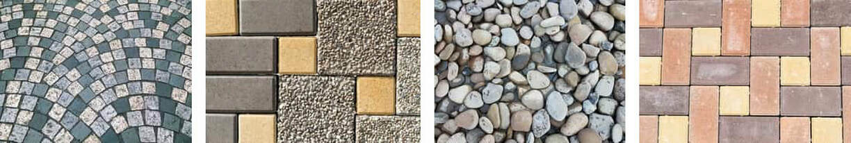 Verschillende sierbestratingen van granieten blokjes, granieten klinkers en tegels, dolomiet halfverharding en klinkers.