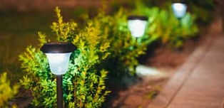 Een tuinpad wordt uitgelicht door staande tuinlampen in de border.